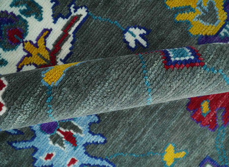 Hand Knotted Charcoal and Ivory Traditional Oushak Style Wool Rug