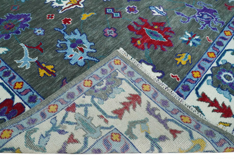 Hand Knotted Charcoal and Ivory Traditional Oushak Style Wool Rug