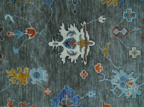 Hand Knotted Charcoal And Ivory Traditional Oushak Wool Area Rug