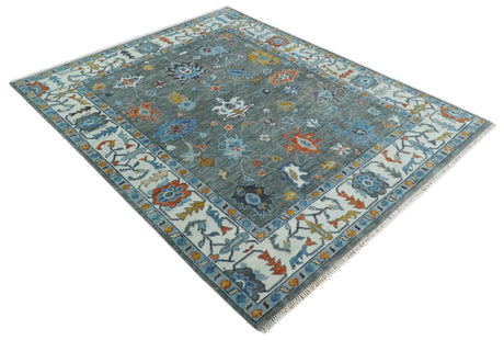 Hand Knotted Charcoal And Ivory Traditional Oushak Wool Area Rug
