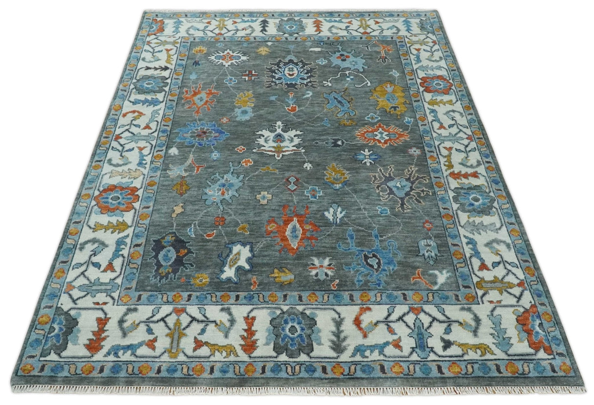 Hand Knotted Charcoal And Ivory Traditional Oushak Wool Area Rug