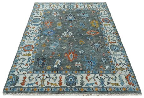Hand Knotted Charcoal And Ivory Traditional Oushak Wool Area Rug
