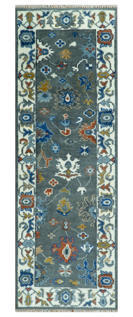 Hand Knotted Charcoal And Ivory Traditional Oushak Wool Area Rug