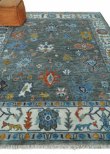 Hand Knotted Charcoal And Ivory Traditional Oushak Wool Area Rug
