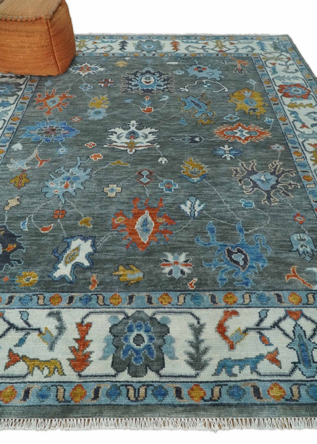 Hand Knotted Charcoal And Ivory Traditional Oushak Wool Area Rug