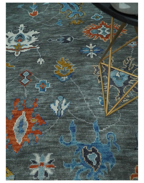 Hand Knotted Charcoal And Ivory Traditional Oushak Wool Area Rug