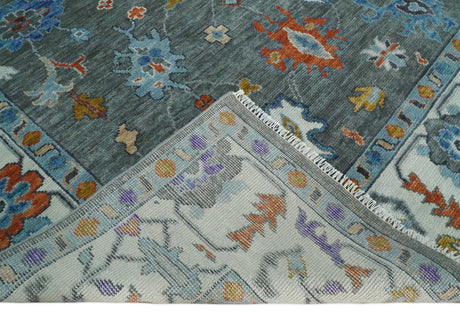Hand Knotted Charcoal And Ivory Traditional Oushak Wool Area Rug