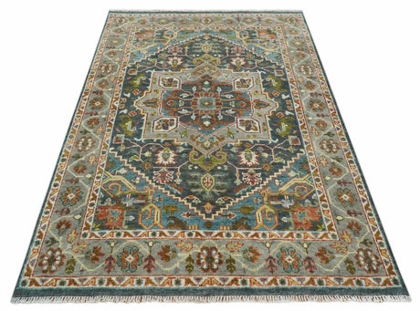 Hand Knotted Charcoal, Camel and Teal Traditional Heriz Multi size Wool Area Rug