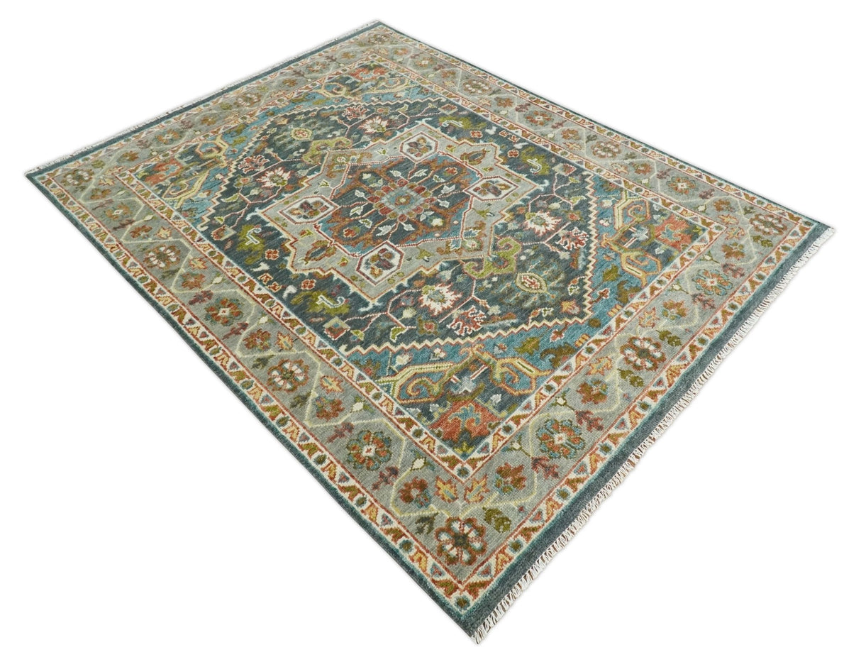 Hand Knotted Charcoal, Camel and Teal Traditional Heriz Multi size Wool Area Rug