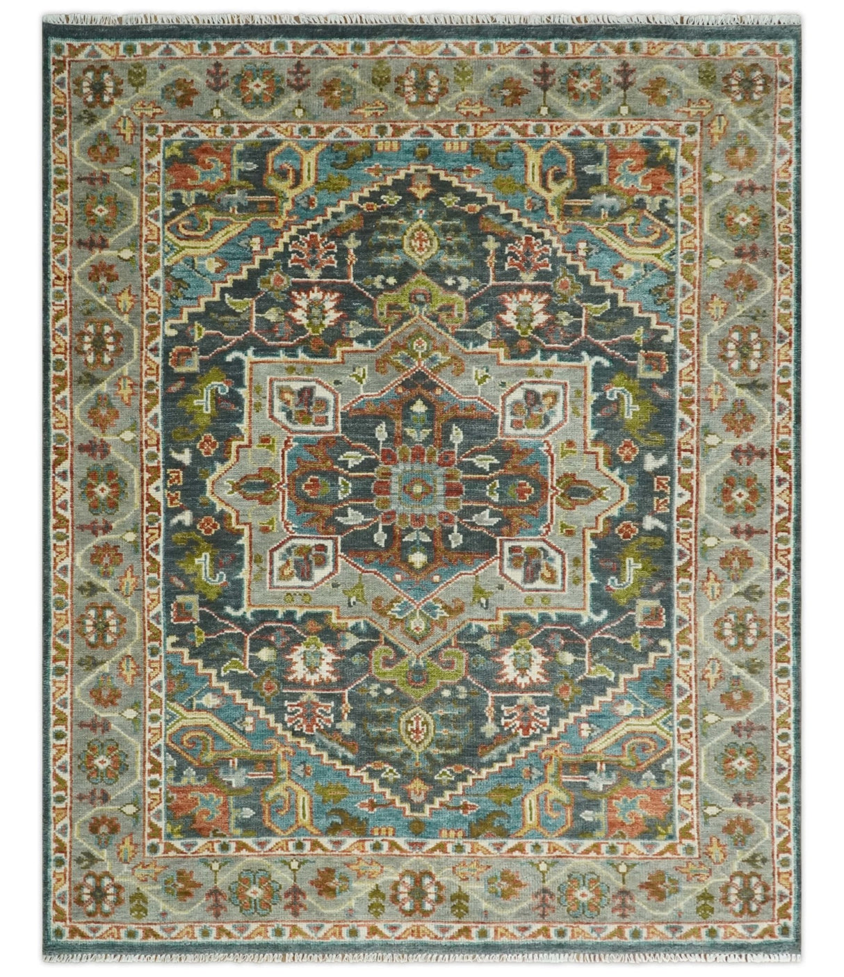 Hand Knotted Charcoal, Camel and Teal Traditional Heriz Multi size Wool Area Rug