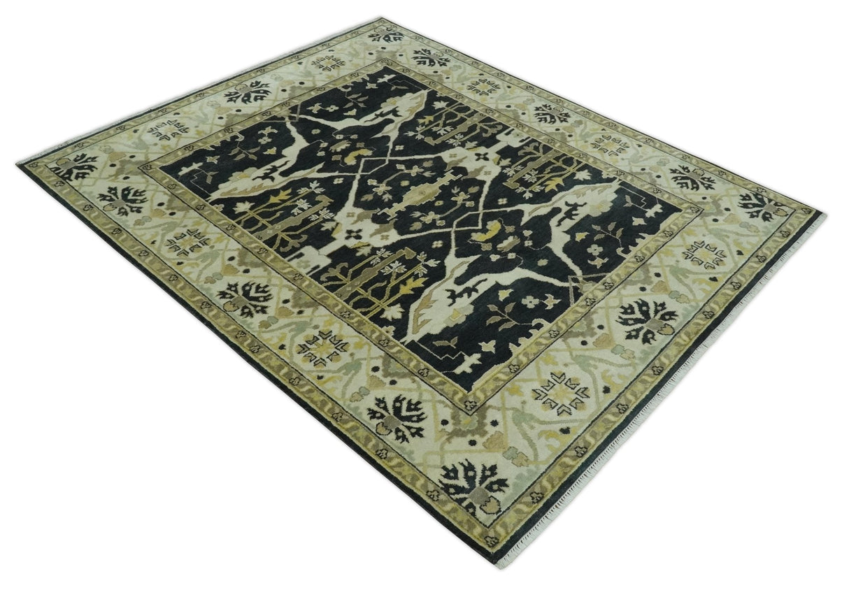 Hand Knotted Charcoal, Ivory and Olive Oriental Oushak 8x10 Wool Area Rug