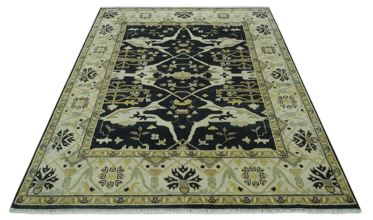 Hand Knotted Charcoal, Ivory and Olive Oriental Oushak 8x10 Wool Area Rug