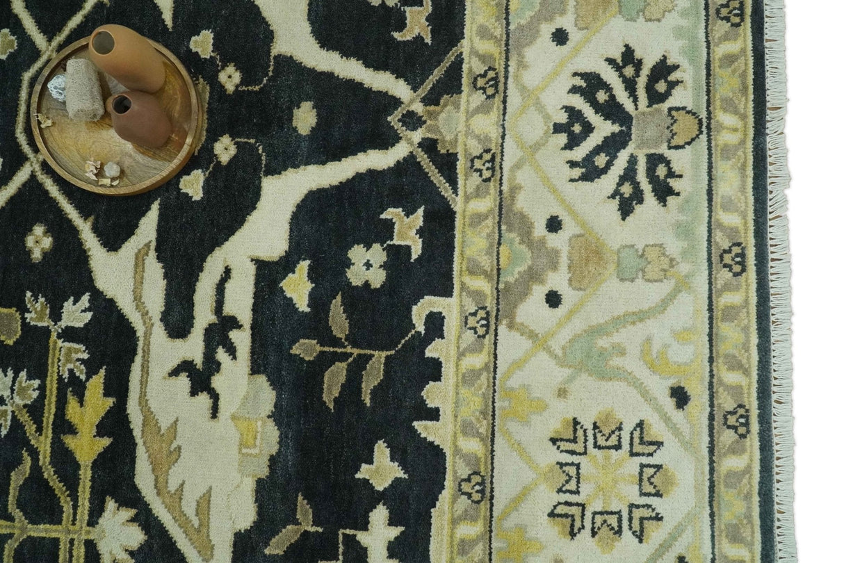 Hand Knotted Charcoal, Ivory and Olive Oriental Oushak 8x10 Wool Area Rug