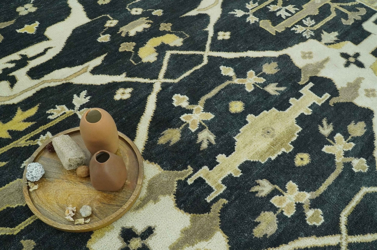 Hand Knotted Charcoal, Ivory and Olive Oriental Oushak 8x10 Wool Area Rug