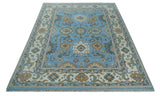 Hand Knotted Custom Made Blue and Ivory Traditional Oushak Wool Rug