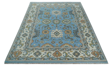 Hand Knotted Custom Made Blue and Ivory Traditional Oushak Wool Rug