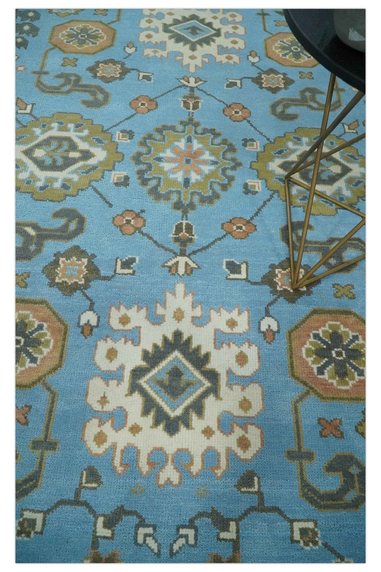 Hand Knotted Custom Made Blue and Ivory Traditional Oushak Wool Rug