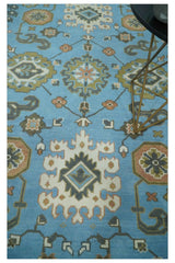 Hand Knotted Custom Made Blue and Ivory Traditional Oushak Wool Rug