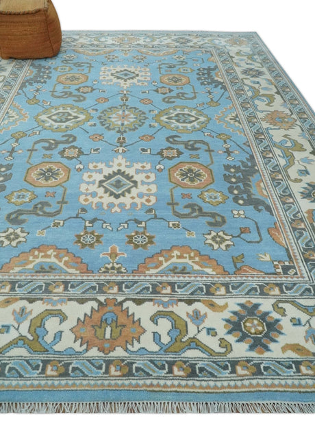 Hand Knotted Custom Made Blue and Ivory Traditional Oushak Wool Rug