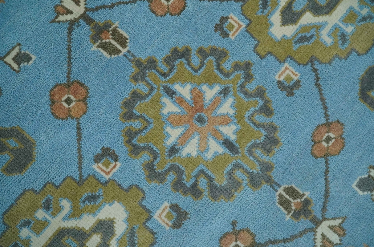 Hand Knotted Custom Made Blue and Ivory Traditional Oushak Wool Rug