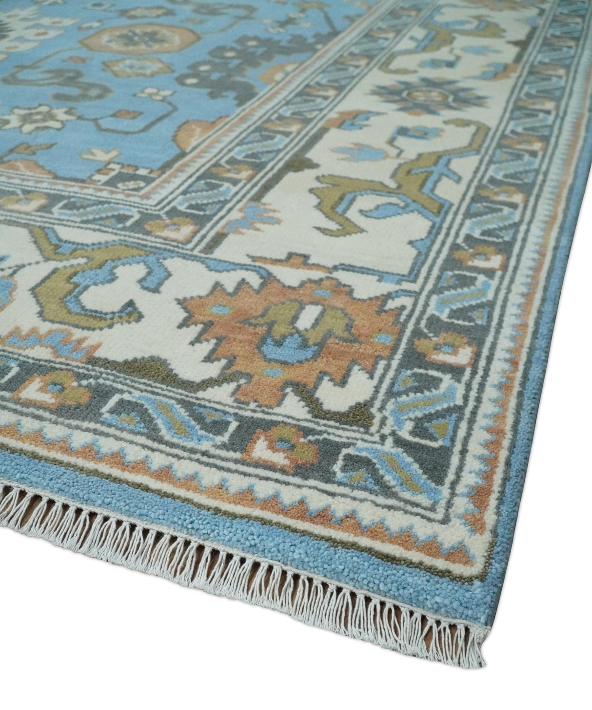 Hand Knotted Custom Made Blue and Ivory Traditional Oushak Wool Rug