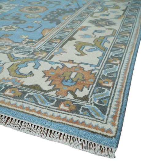 Hand Knotted Custom Made Blue and Ivory Traditional Oushak Wool Rug