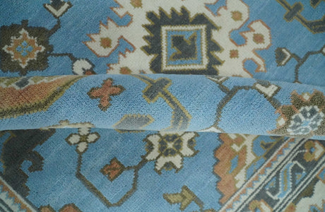Hand Knotted Custom Made Blue and Ivory Traditional Oushak Wool Rug