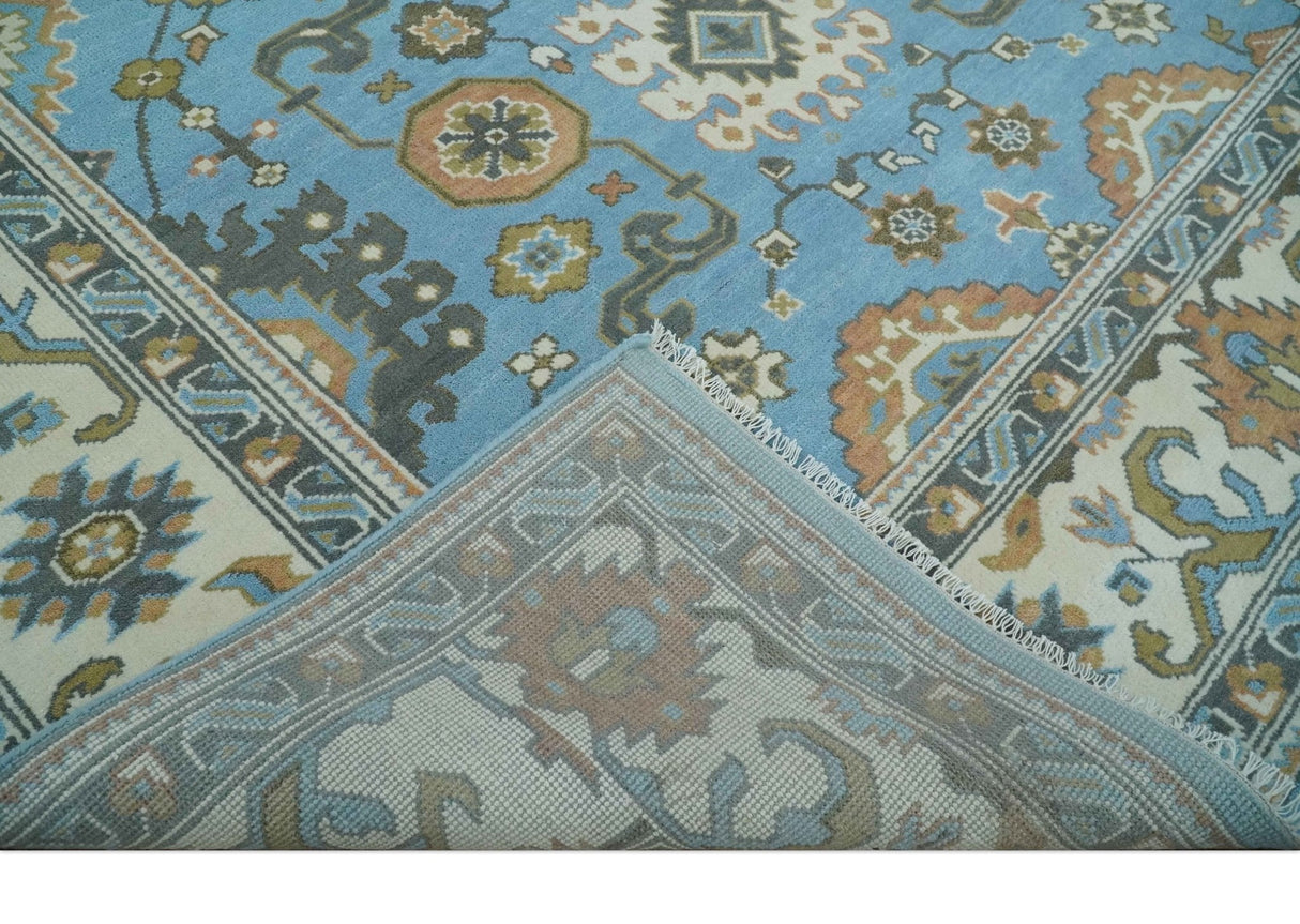 Hand Knotted Custom Made Blue and Ivory Traditional Oushak Wool Rug