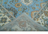 Hand Knotted Custom Made Blue and Ivory Traditional Oushak Wool Rug