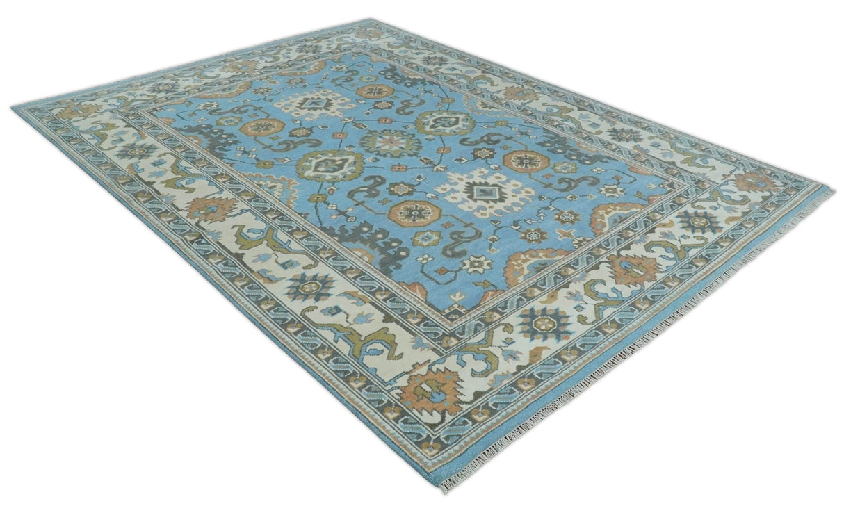 Hand Knotted Custom Made Blue and Ivory Traditional Oushak Wool Rug