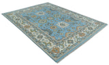 Hand Knotted Custom Made Blue and Ivory Traditional Oushak Wool Rug