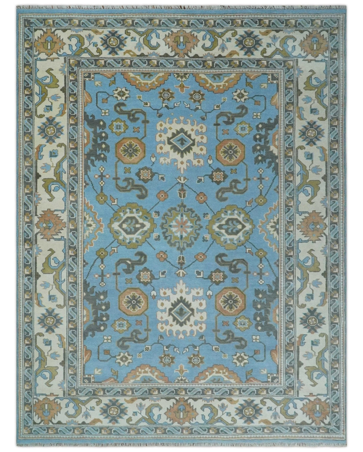Hand Knotted Custom Made Blue and Ivory Traditional Oushak Wool Rug