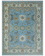 Hand Knotted Custom Made Blue and Ivory Traditional Oushak Wool Rug