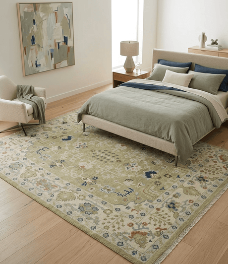 Hand Knotted Custom Made Olive, Silver and Beige Traditional Wool Rug