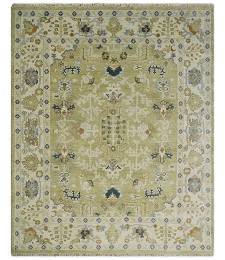 Hand Knotted Custom Made Olive, Silver and Beige Traditional Wool Rug