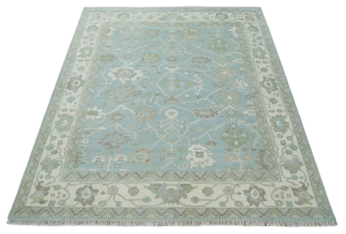 Hand Knotted Custom Made Oriental Oushak Aqua, Ivory and Beige Wool Area Rug