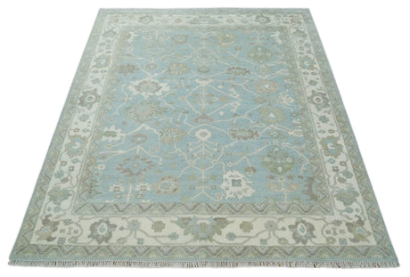 Hand Knotted Custom Made Oriental Oushak Aqua, Ivory and Beige Wool Area Rug