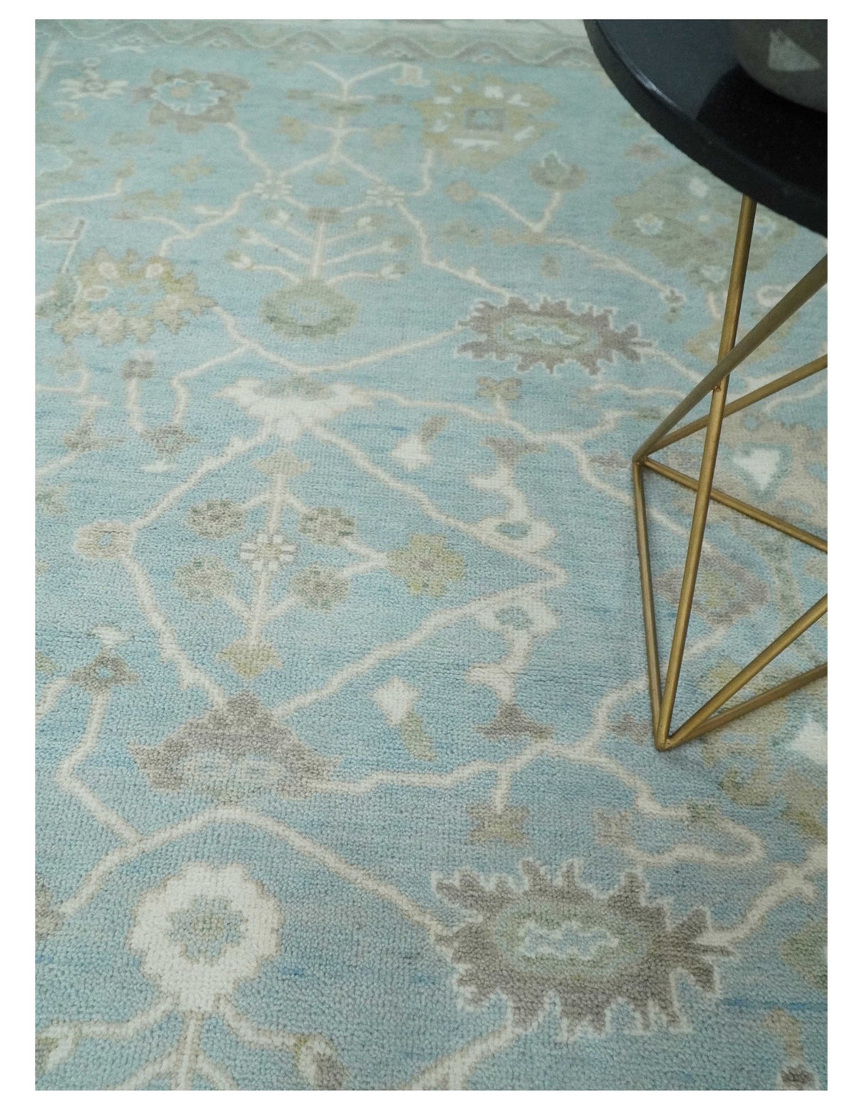 Hand Knotted Custom Made Oriental Oushak Aqua, Ivory and Beige Wool Area Rug