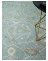 Hand Knotted Custom Made Oriental Oushak Aqua, Ivory and Beige Wool Area Rug