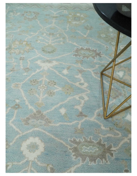 Hand Knotted Custom Made Oriental Oushak Aqua, Ivory and Beige Wool Area Rug