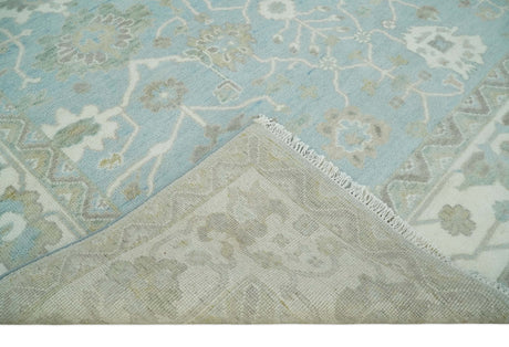 Hand Knotted Custom Made Oriental Oushak Aqua, Ivory and Beige Wool Area Rug
