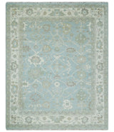 Hand Knotted Custom Made Oriental Oushak Aqua, Ivory and Beige Wool Area Rug