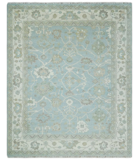 Hand Knotted Custom Made Oriental Oushak Aqua, Ivory and Beige Wool Area Rug