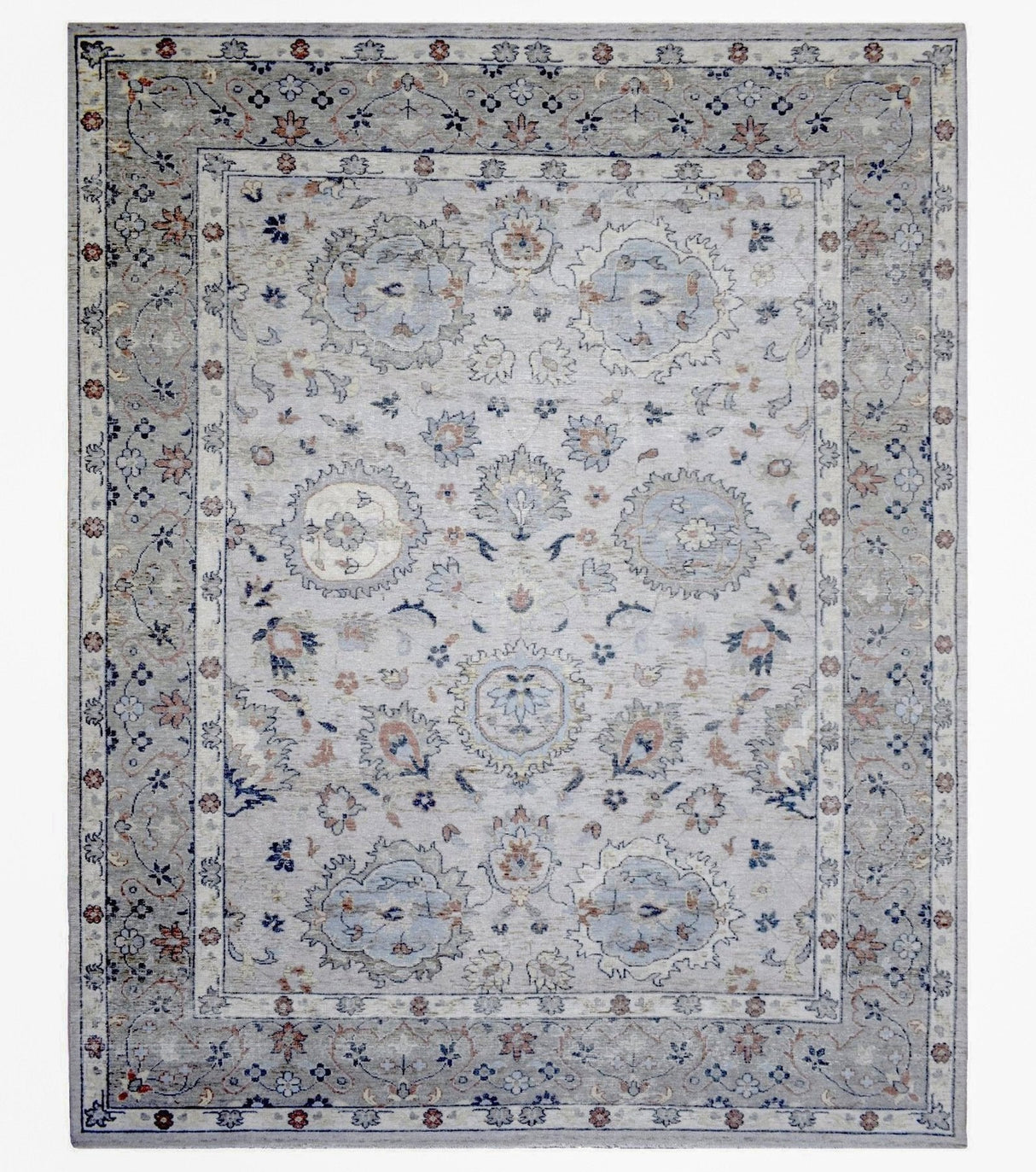 Hand Knotted Distressed Traditional 8x10 Ivory and Silver Wool Area Rug