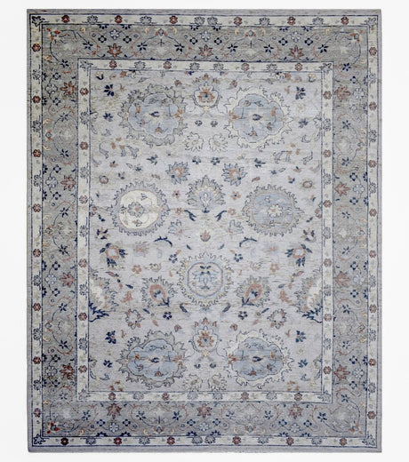Hand Knotted Distressed Traditional 8x10 Ivory and Silver Wool Area Rug