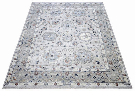 Hand Knotted Distressed Traditional 8x10 Ivory and Silver Wool Area Rug