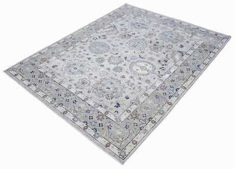 Hand Knotted Distressed Traditional 8x10 Ivory and Silver Wool Area Rug