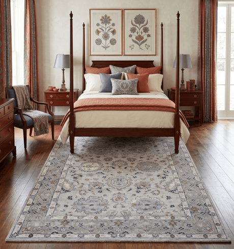 Hand Knotted Distressed Traditional 8x10 Ivory and Silver Wool Area Rug