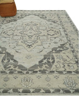 Hand Knotted Earthy Neutral Serapi Wool Rug, Charcoal, Beige and Ivory-Area Rug-Parc Decor