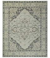 Hand Knotted Earthy Neutral Serapi Wool Rug, Charcoal, Beige and Ivory-Area Rug-Parc Decor